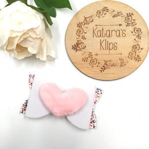 White Fluffy Heart Pink Bow