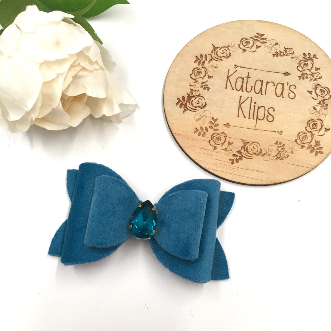 Velvet Blue Rhinestone Bow