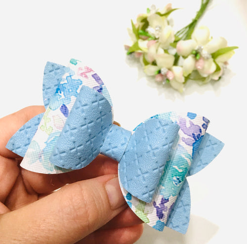 Floral Blue Leatherette Double Bow