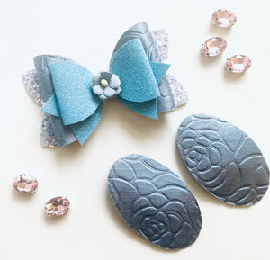 Embossed Roses Blue Bow and Snap Clip Set