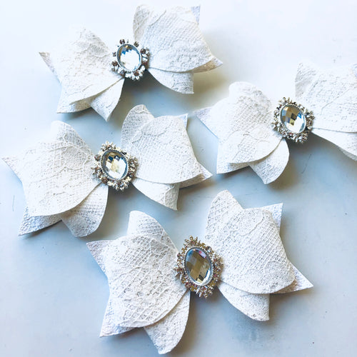 White Glitter Lace Rhinestone Daisy Bow