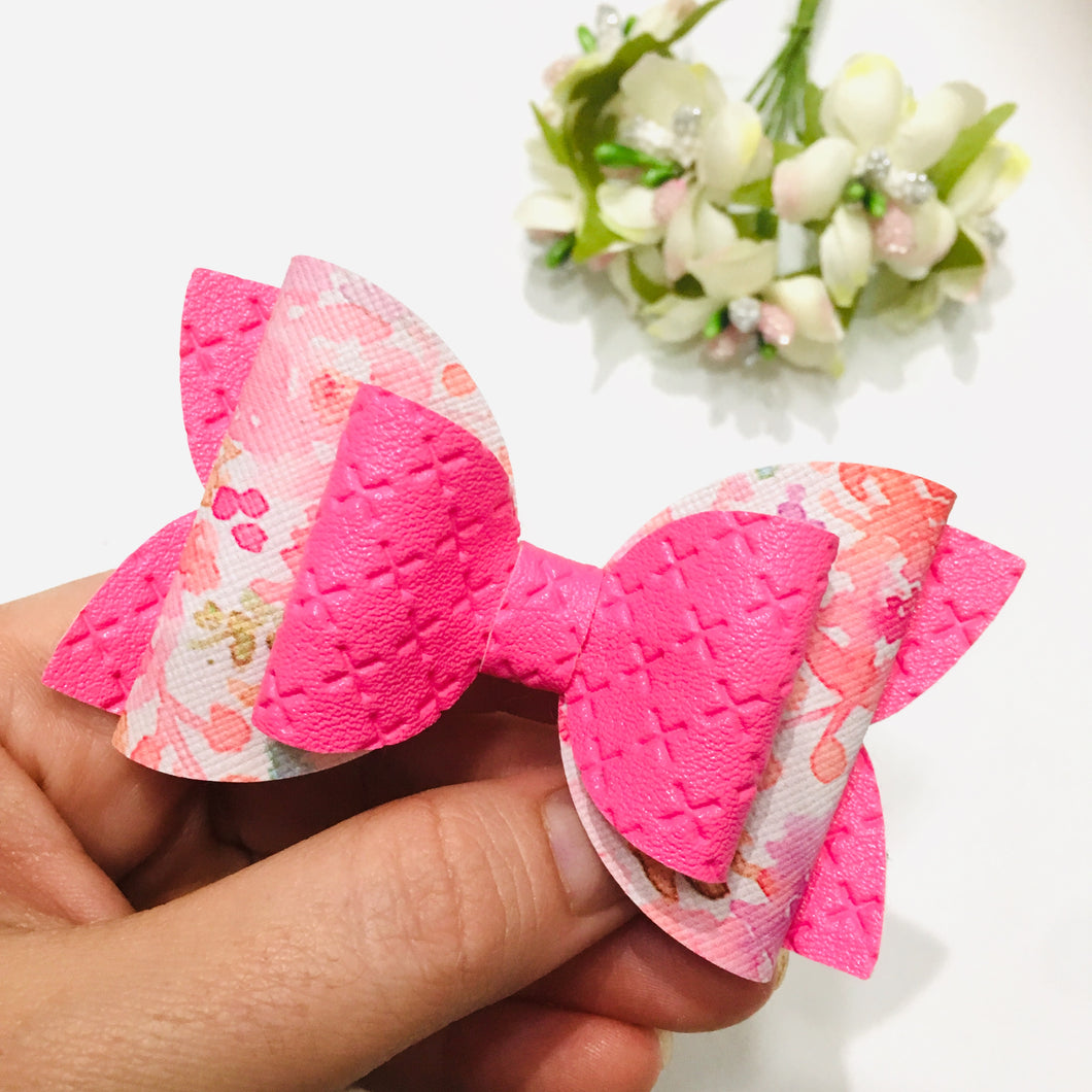Floral Pink Leatherette Double Bow
