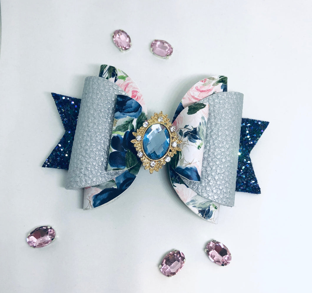 Navy Pink Floral Extra large Rhinestone bow