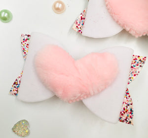 White Fluffy Heart Pink Bow