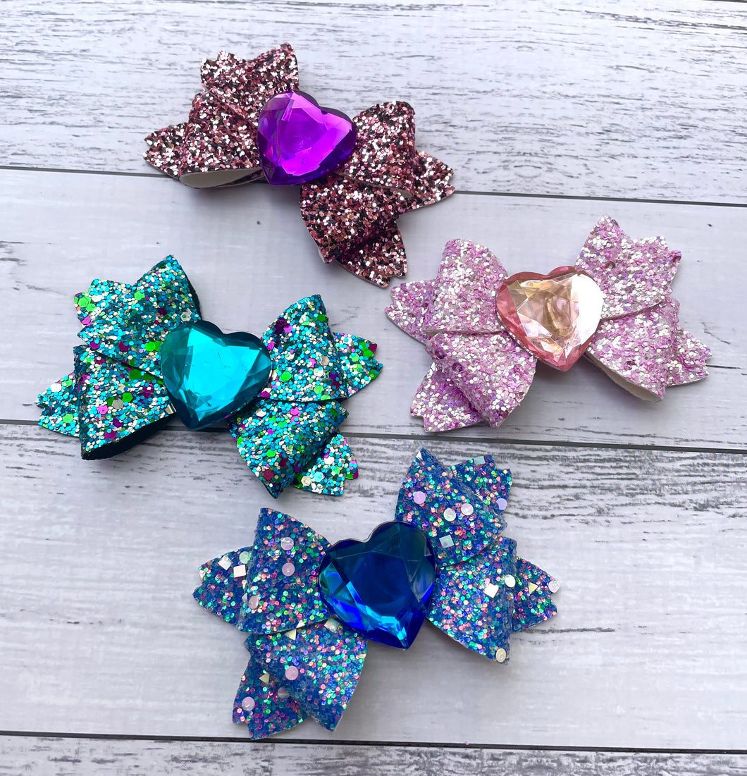 Glitter Rhinestone Heart Bow