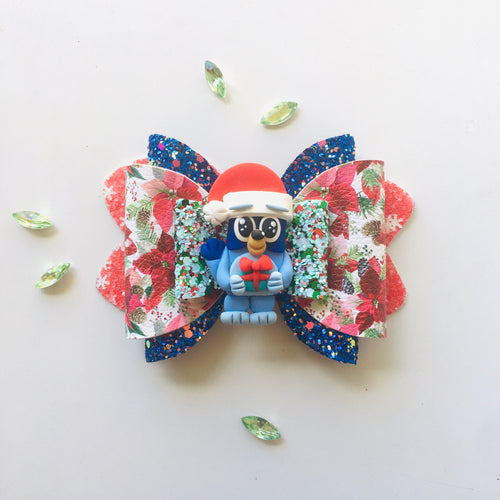 Christmas Blue Dog Large Clay bow