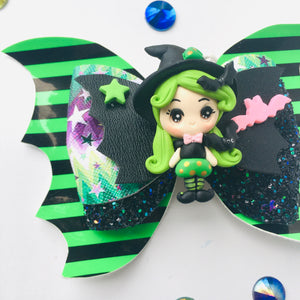 Green Clay Bat Witch Bow