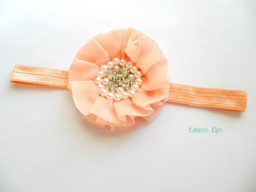 Peach orange Round Rhinestone Flower bow