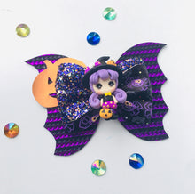 Load image into Gallery viewer, Purple Clay Pumpkin Witch Bow