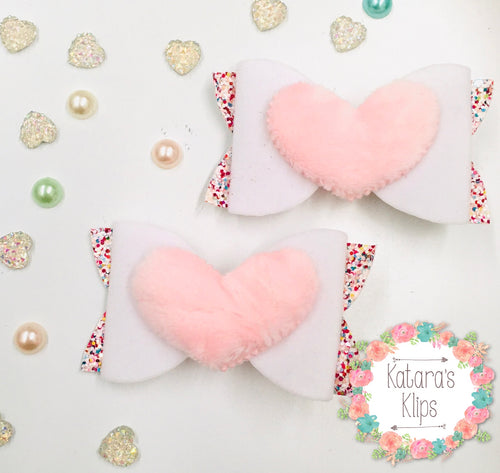 White Fluffy Heart Pink Bow