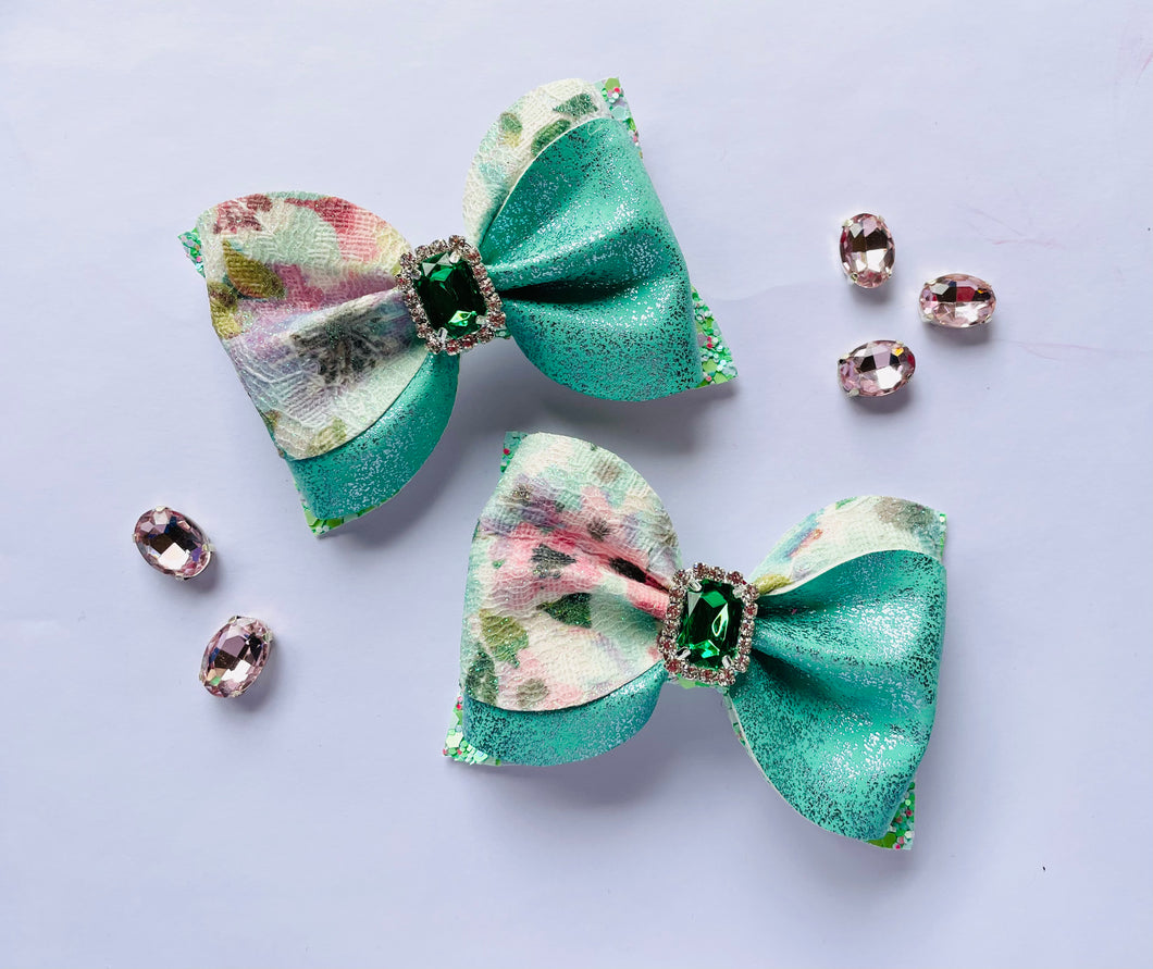 Jade Green Floral Rhinestone Ivy Bow