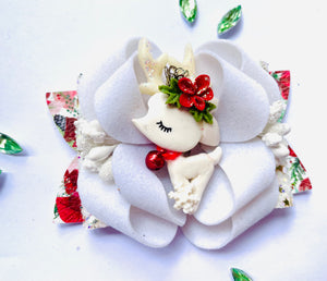Christmas White Reindeer Medium Posey Clay bow
