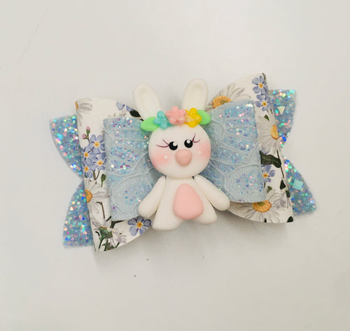 Floral Blue Bunny Clay Bow